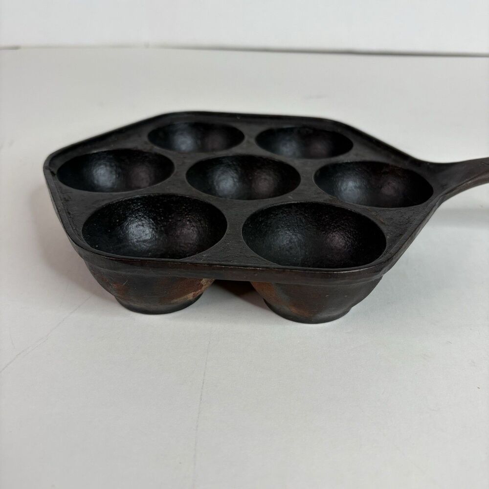 Vintage Aebleskiber Cast Iron Pan, 8” Pan With 7 2” Holes Danish Pancake Pan - Picture 3 of 9